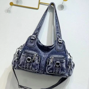 Washed Denim Tote Bag with Zipper Closure and Polyester Lining Hobo Shoulder Crossbody with Rivets Hot Selling Bag