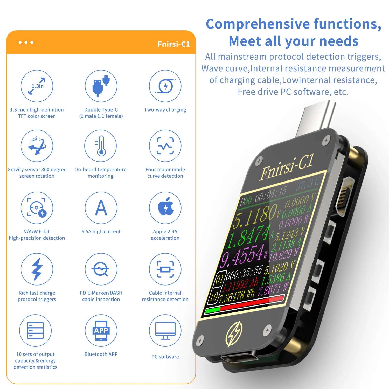 FNIRSI-C1 Usb Multifunction Tester Fast Charging Protocol Type-c Voltage Current Mini Tester Usb c Tester With PC Software