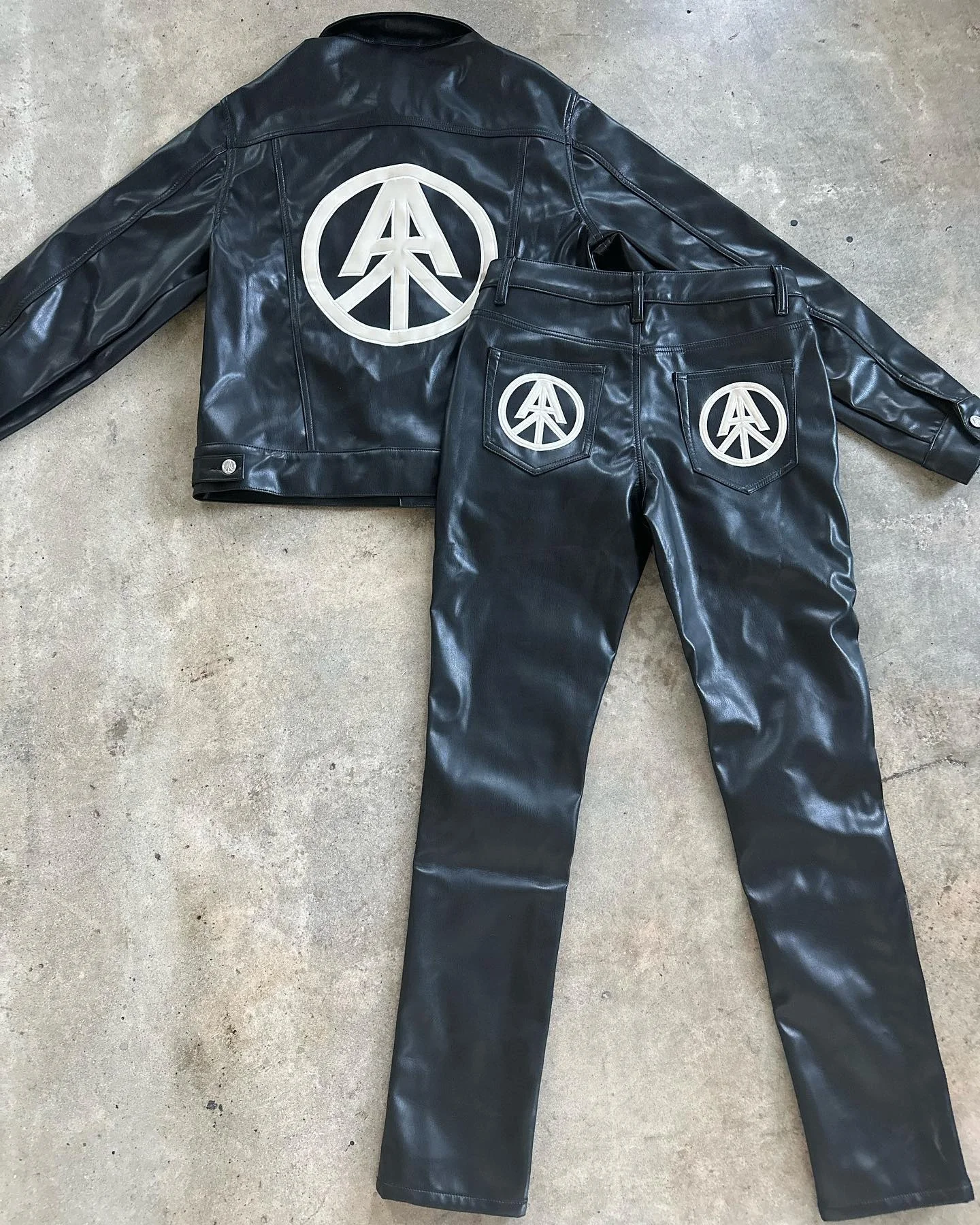 Custom Men Embroidered Button Black Motorcycle Leather Suits Plus Size Jacket Shirt and Pu Stacked Flare Pants Set Tracksuit Men gallery 2