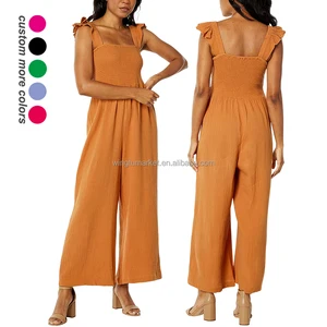 OEM Stretchy Smocked Rompers Ladies Long Wide Legs Flutter Sleeve Breathable Cotton Muslin Solid One Piece Jumpsuit Women
