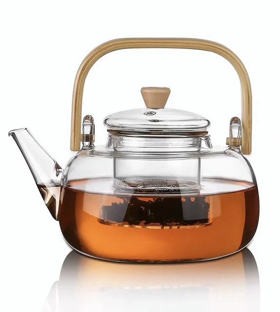 Hot Selling Luxury 800ml Beam Lifting Glass Teapot Flower Pot with Wood Handle and Lid Large Capacity Business Feature