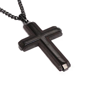 Wholesale 316L Stainless Steel Pendant Necklace for Men Black IP Plated Ebony Wood Inlay Cross Pendant
