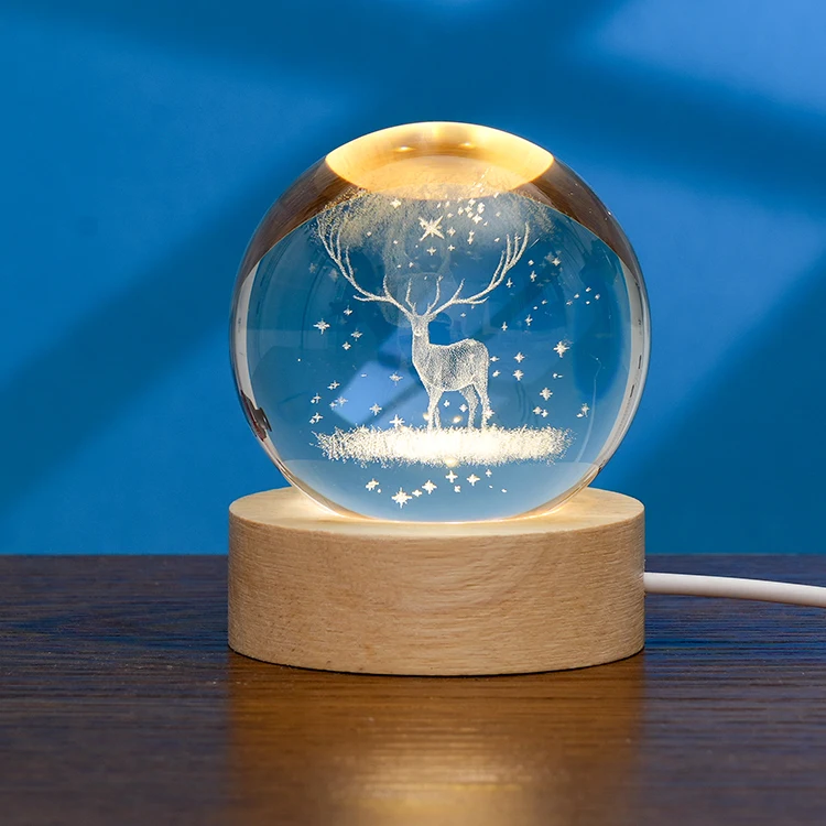 Galaxy Planet Glass Laser 3D Interior Engraved Small Night Light Crystal Ball with Wood LED Base Ball Night Lamp For Decoration supplier