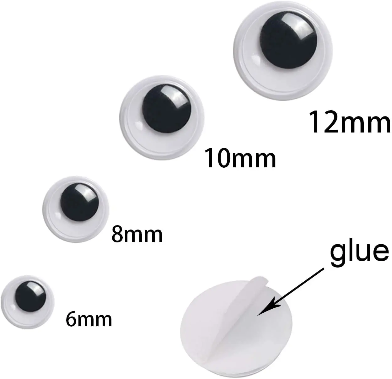 
 1000 шт., самоклеящиеся глаза для глаз, 5 мм, 8 мм, 10 мм, 12 мм, 15 мм, 20 мм, 25 мм  