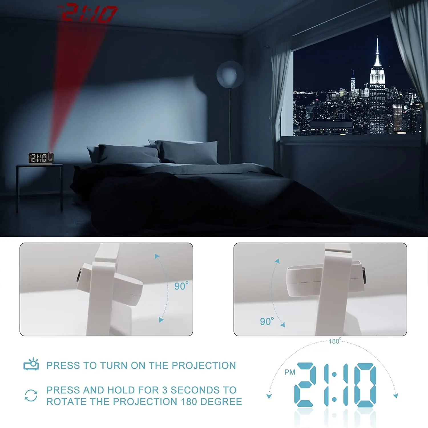 Fullwill Digital Calender Clock with Milliseconds Alarm Digit Clock Projector for Sale Desk Clocks LED Projection Display Modern