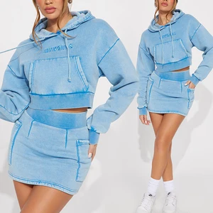 Huili Custom Logo Embroidery 2 Piece Heavyweight Matching Sets Blank Tracksuit Women Acid Wased Skirt and Hoodie Set