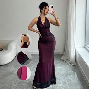 New Women's Clothing Backless Sexy Hanging Neck Mesh Maxi Dress Sleeveless Summer Dress Wholesale