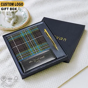 Premium A5 Tartan Fabric Pu Leather Journal Custom Logo Gold Writing Holiday Gift Decoration Ruled Print Pen Set Box Notebook