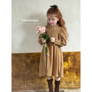 YOEHYAUL 25179 Child Girl Muslim Cotton Dress Long Sleeve Hollow Flower Embroidery Vintage Dress Girls Lace Collar Smocked Dress