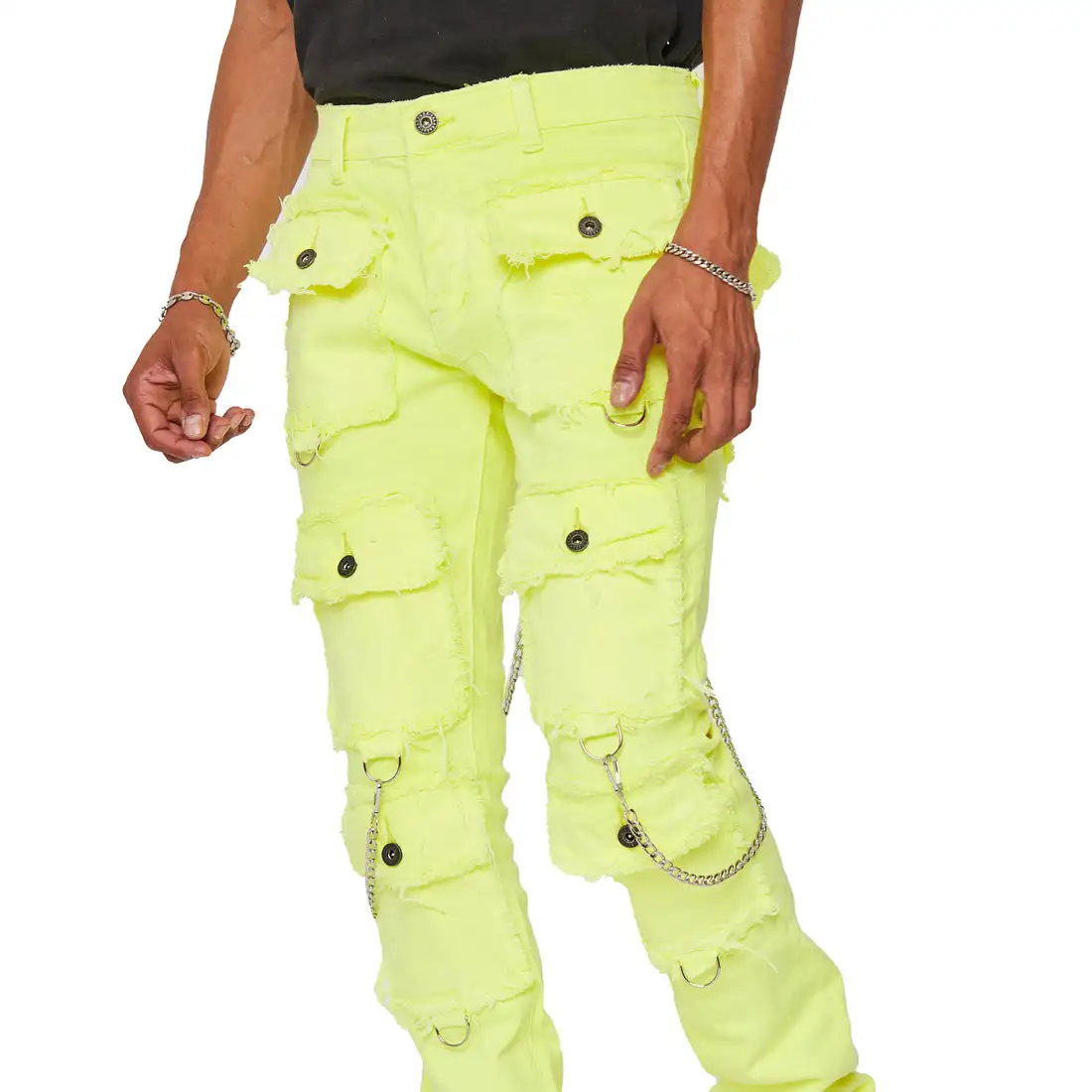 AeeDenim Custom Designers Logo High Street Breathable Print Midweight Jeans Men's Yellow Stretch Harem Pants Button Fly Many