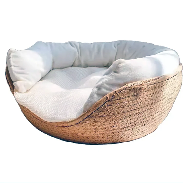 New Eco Friendly Rattan Pet Bed Plush Round Rattan Cat Cushion Deep