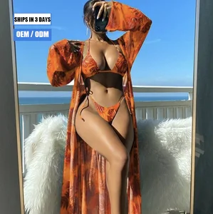 Women's Best-selling 3-piece Printed Bandage Swimsuit Bikini with Cover-up Dress, Yellow Swimwear Beachwear