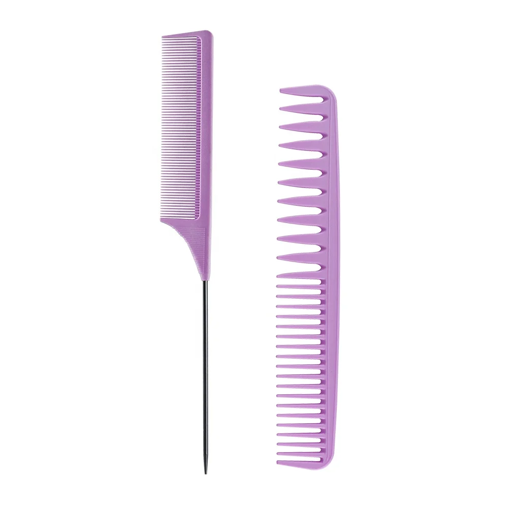 Purple New Special Rat Tail Comb Comfortable Styling Straightening Smoothing Paddle Cushion Hair Brush Wide Teeth Comb set