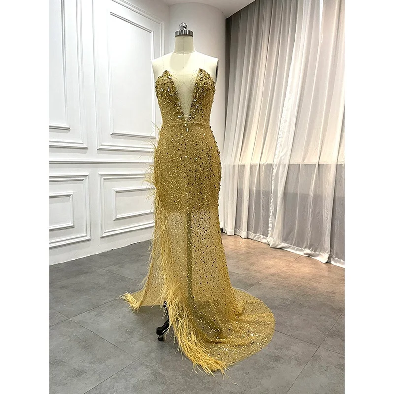 Custom Luxury High End Beaded Lace Crystals Champagne Gold Color Evening  Gown Women Long Sexy Feather Red Carpet Party Dresses