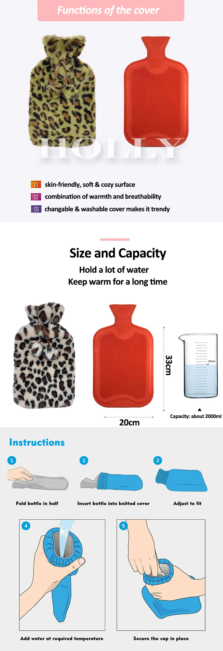 hot selling custom high quality rubber heat pack hot water bottle water bag body warmer soft plush leopard cover