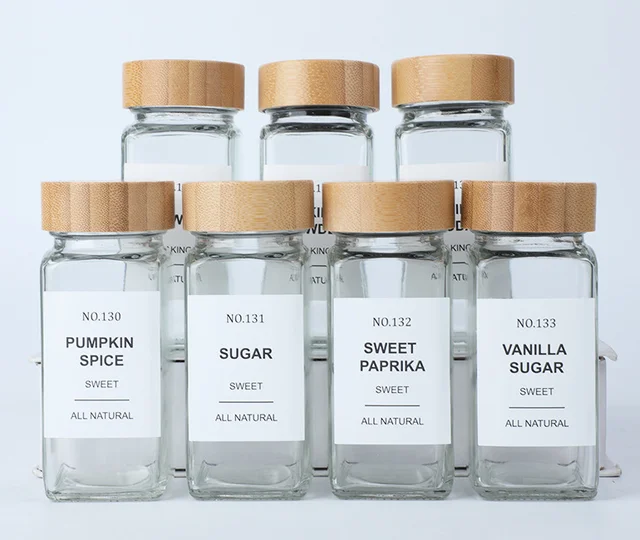 Square Spice Jars With Labels 4 Oz Glass Spice Jars With Bamboo Lids Seasoning Storage Bottles