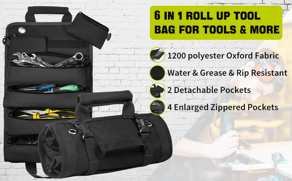 Rolling Tool Bag With 2 Detachable Pouches,Heavy Duty Roll Up Tool Bag