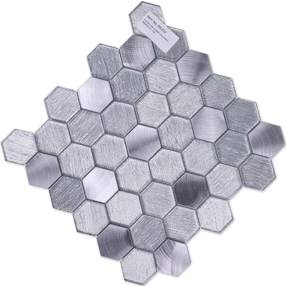 Foshan Factory Mosaico Irregular Honeycomb Brushed Aluminum Tiles Linear Glitter Grey Gold Glass Metal Waterjet Hexagon Mosaic