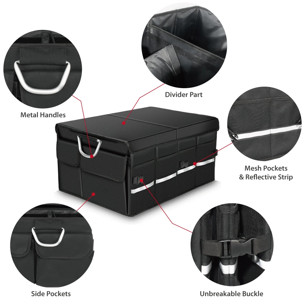 Collapsible Reflective Stripe Expandable Large Capacity Waterproof Car Trunk Organizer With Cover