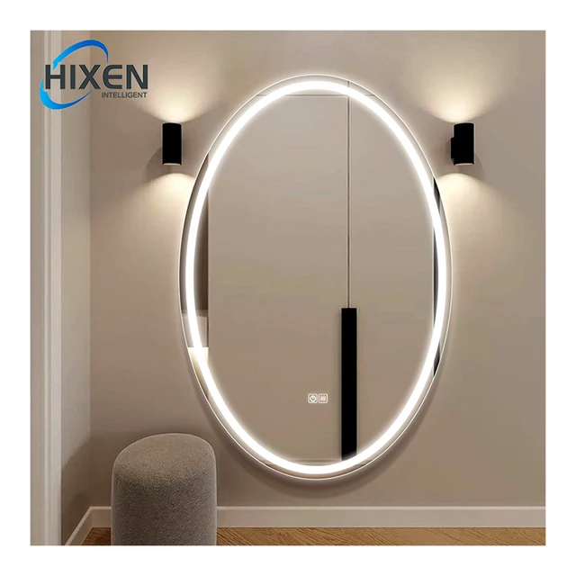 HIXEN frameless backlit frontlit anti-fog Bluetooth oval touch screen bathroom smart mirror