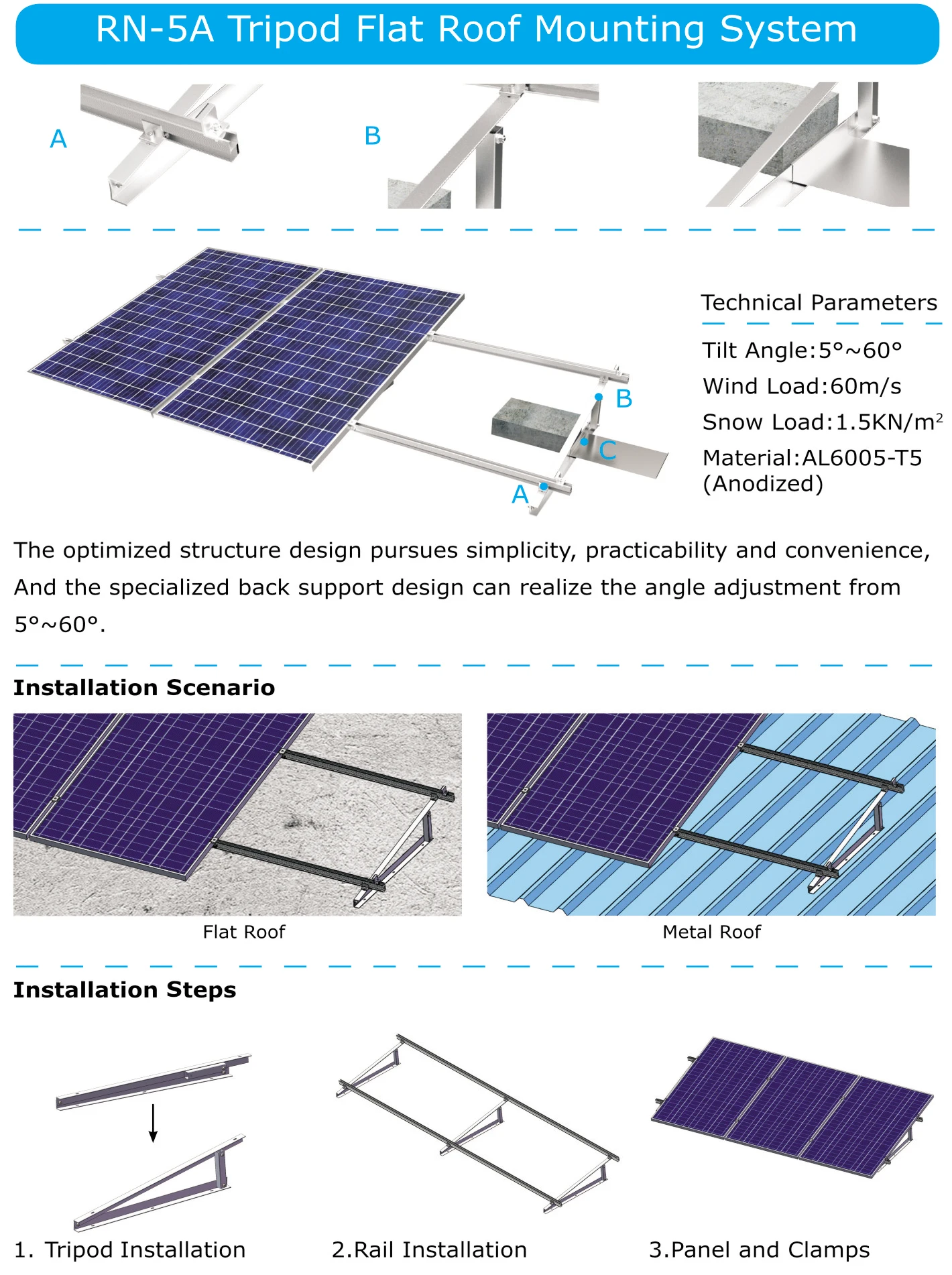 Wholesale Tripod Flat Roof Solar Mounting Adjustable 5-60 Degrees ...