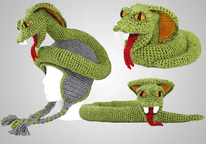 Crochet Cobra Hat & Toy Pattern Unisex Cool Snake Beanie & Amigurumi Stuffed Animal Easy Instructions Outdoor Party Kids Adults