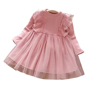 Customizable Spring Fashion Long Sleeve Lace Mesh Princess Dress for Girl Soft Fabric A-Line Kids Dress