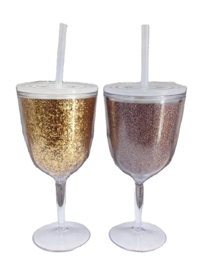Gold Glitter Plastic Wine Glass with Lid & Straw (1 Piece(s))