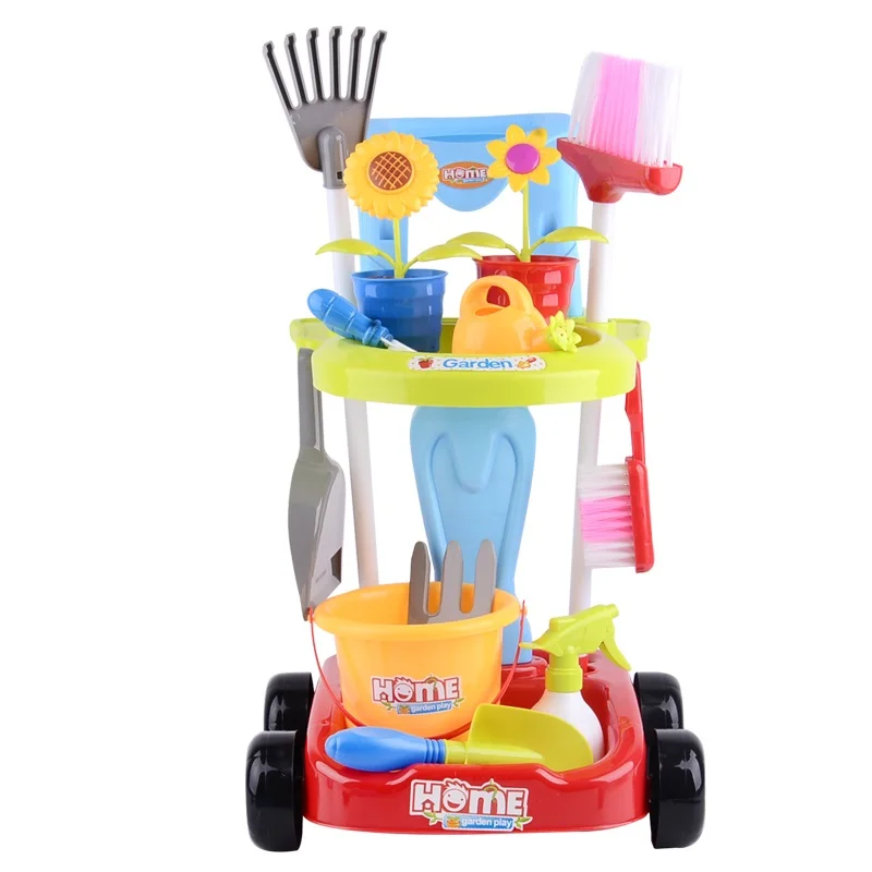 Набор для уборки сада, притворяясь, что он играет с растущими растениями, разбрызгиватель, ведро для полива, семейные интерактивные садовые игрушки