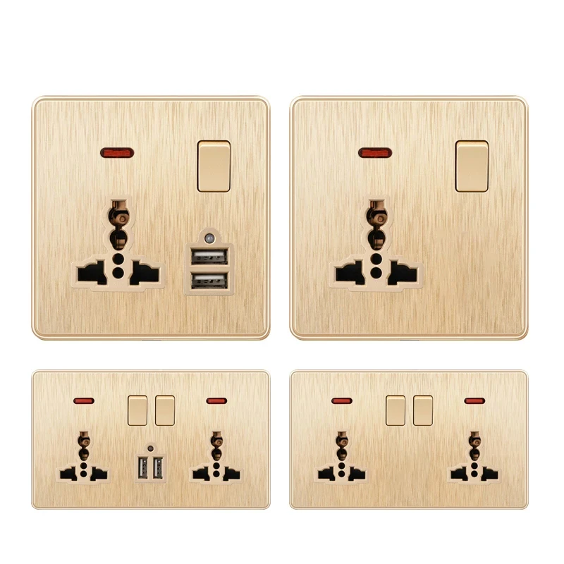 Universal 3 Pin LED Indicator Wall Socket Gold Single Double Switch Socket 13A 250V Drawing USB Power Outlet