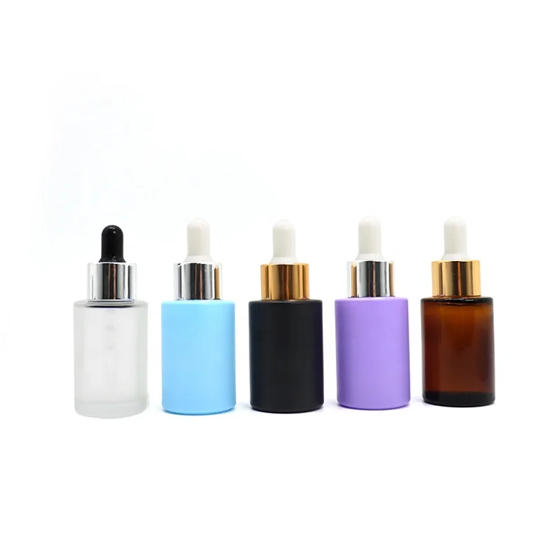 Luxury 1oz Amber Frosted Clear 30ml Essential Oil Flat Shoulder Serums Glass Dropper Bottle With