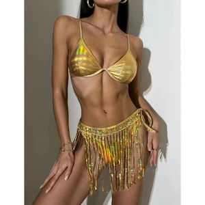 Shiny Gold Sequins Tassel Skirt 3 Piece Swimsuit Push up Underwire Biquini Bathing Suit Swimwear Sexy Bikini 2025 Women Swimwear