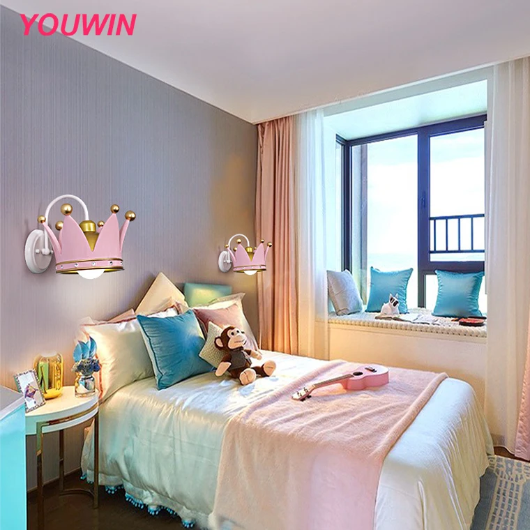 kid room crown wall lamp girl princess bedroom cartoon hanging lamp personality creative pastoral bedside warm lamps