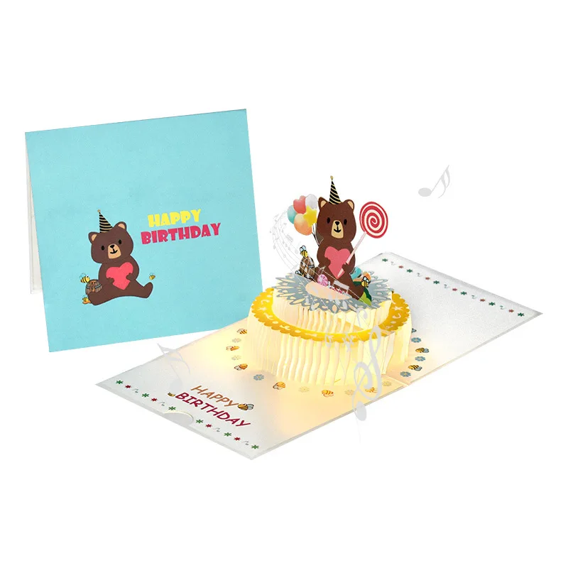 DAMAI Carousel 3D Pop Happy Birthday Paper Cake Greeting Card Sound Light Invitations for Boys Girls