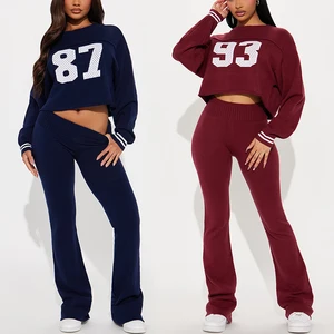 Huili Custom Logo Long Sleeve Raw Hem Crop Sweatshirt & Flare Legging Sweatpants Y2K Outfits 2 Two Piece Set Activewear Women