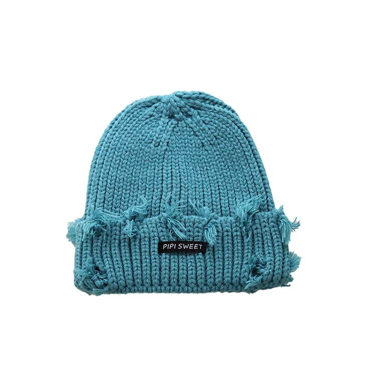 Autumn and Winter Warm Distressed Beanie Fashionable Patch Label Knitted Hat Gorros Custom Beanies With Logo Distressed