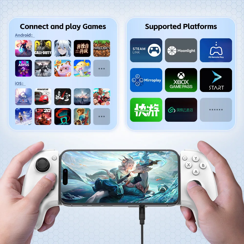 Manette de jeu mobile Gamwing AoBing Max, joystick USB-C filaire et Bluetooth compatible Android, iOS, PC et Switch.