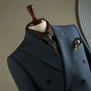 Men's Premium Double-Row Blue Wide Dark Suit 2-Piece Set with Double-Breasted Closure Direct Production by Supplier
