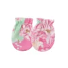 Guantes elásticos con diseño de crisantemo y base rosa.