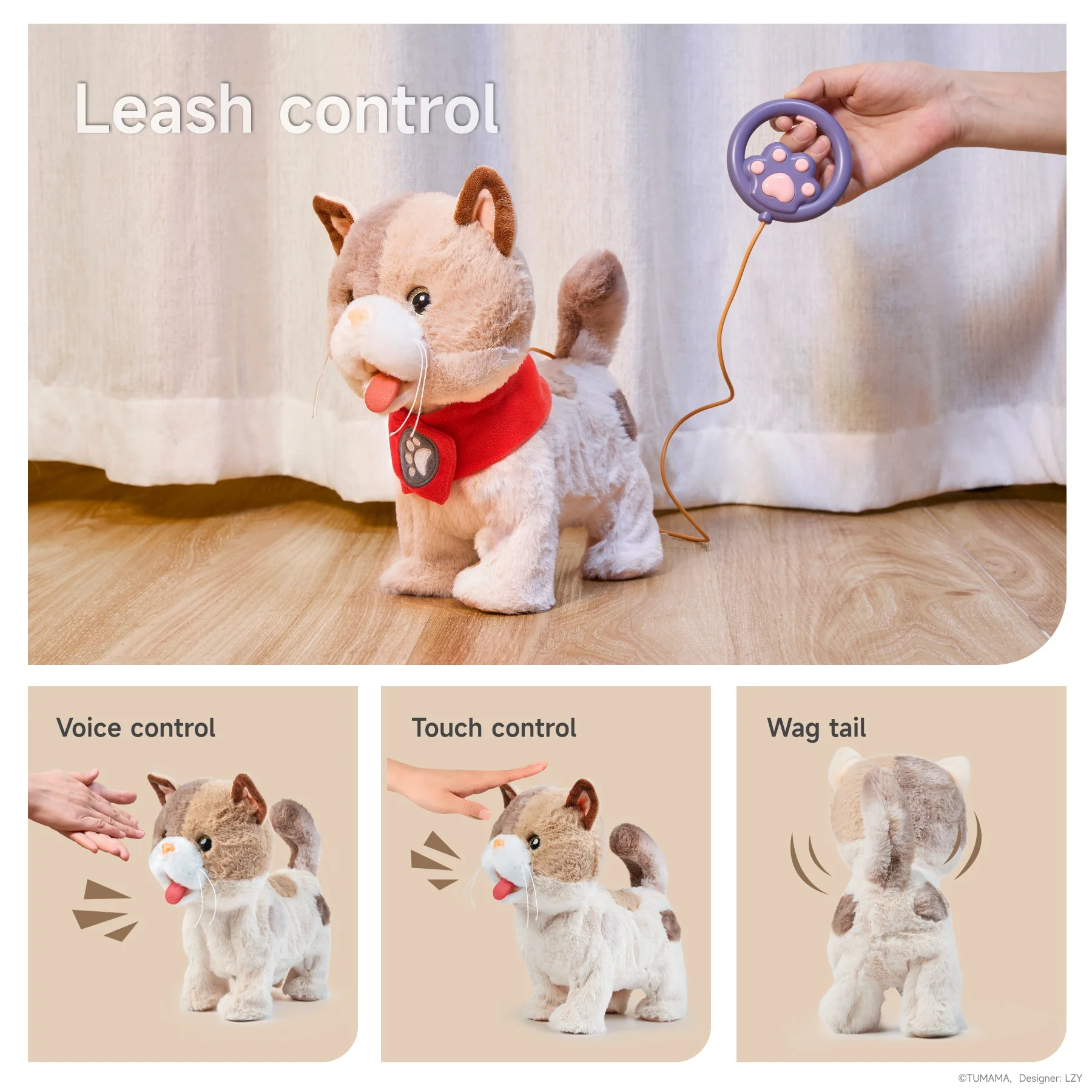Tumama Kids Interactive Playing Time Toy Wagging Pet Cat Walking Plush Toys Leash Control Electric Kitty with Simulation Voice