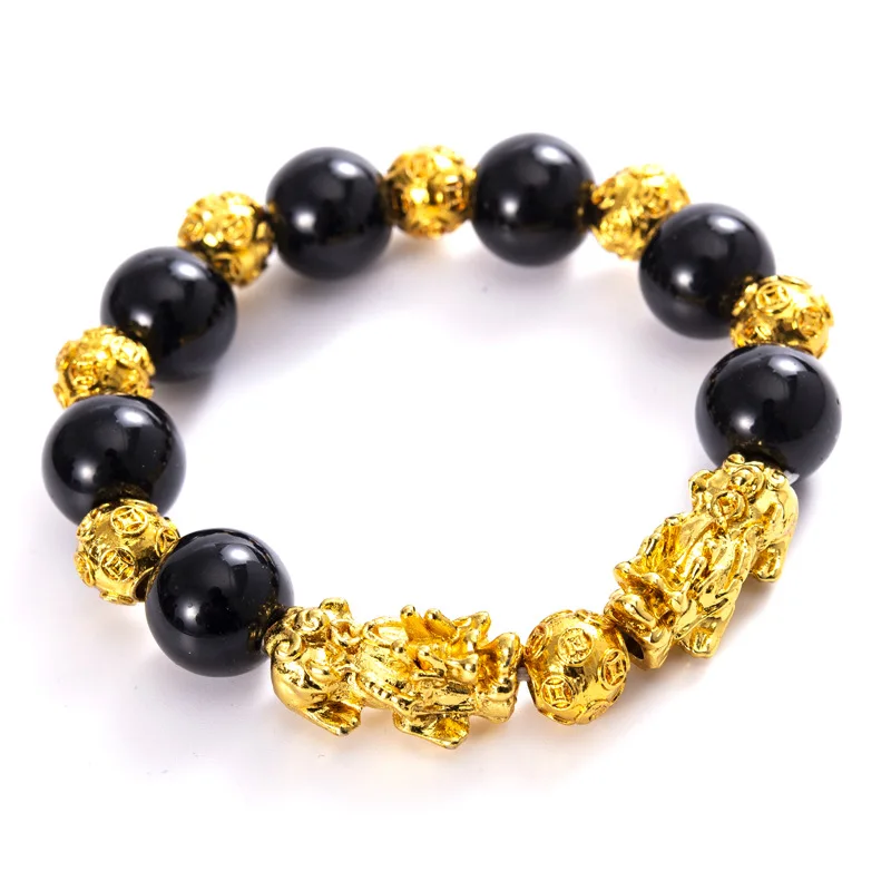 MECYLIFE Manmade Obsidian Gold Pixiu Bracelet Six-character Bracelet Gifts Fengshui Bracelet