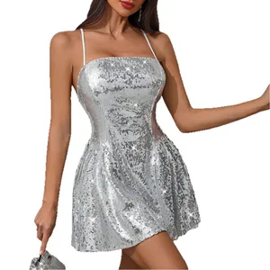 2026 Summer Mini Dress Sexy Casual Cross Back A-Line with Glitter Silver Sequins Natural Waistline for Club Parties