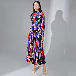2025 Miyake Pleated Two Piece Set Women Clothing Print Elastic Stretch Long Sleeve Top and Pleated Long Skirt Set