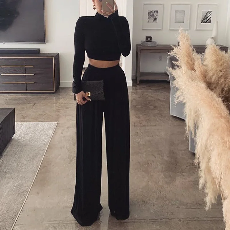 2021 Las Nuevas Mujeres De Moda De Color Sólido Ropa Pantalones De Manga  Larga Blusa Corta Pantalones De Pierna Ancha De Dos Traje De Pieza - Buy  Wide Leg Pants Fitness Two-piece