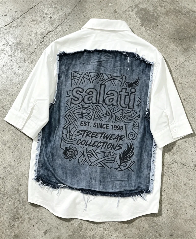 Men Y2K Denim Patchwork Shirt Frayed Graphic Print Short Sleeve Streetwear Casual Button up gallery 2