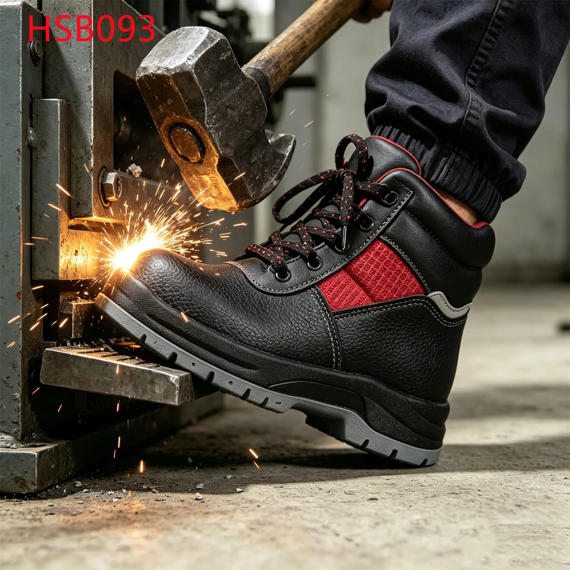 HY,Welding Workshop Red Side Mesh Panel Safety Shoes with Steel Toe Electrical Work Reflective Trim Hua Singh Work Boots HSB093