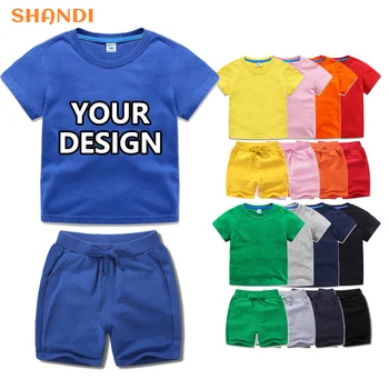 Custom Toddlers Boy Clothing Sets Girl Kids Clothes Plain Sweatshirts 100% Cotton T Shirt Shorts Summer Outfits