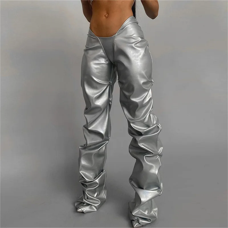 Pantalones Brillantes De Piel Sintética Para Mujer,Ropa De Calle De Cintura  Baja,Estilo Hipster,Con Pliegues Brillantes - Buy Pliegues Brillante Sólido  Pu Chaqueta De Cuero De Los Pantalones,Las Mujeres Hipster De La Calle