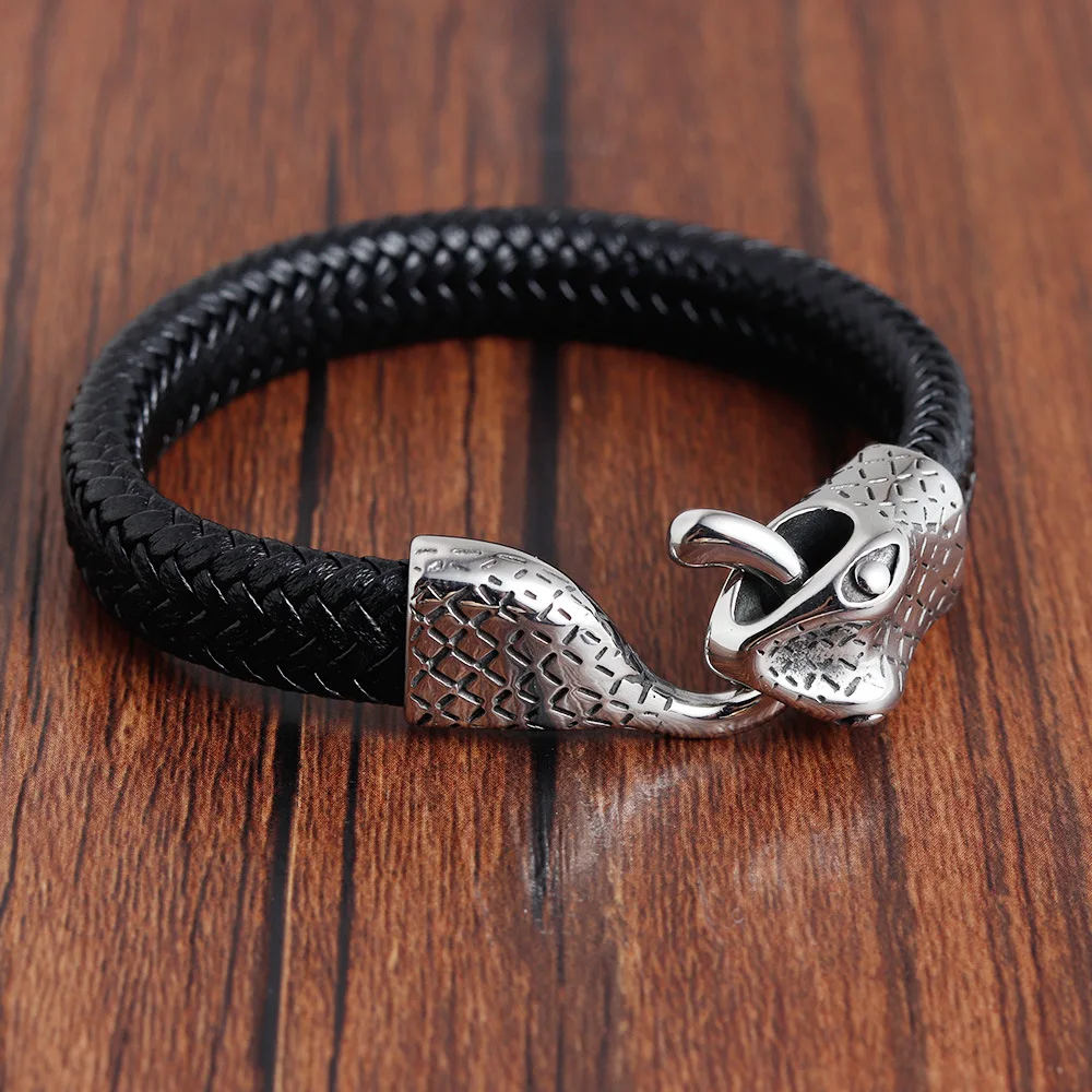 Customize Logo Fashion Fine Punk Snake Handmade Stainless Steel Real  Leather Magnetic Braided Bracelet Jewelry for Men