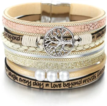 Tree of Life Charm Pearl Leather Bracelets for Women Ladies Bohemian Multilayer Wide Wrap Bracelet